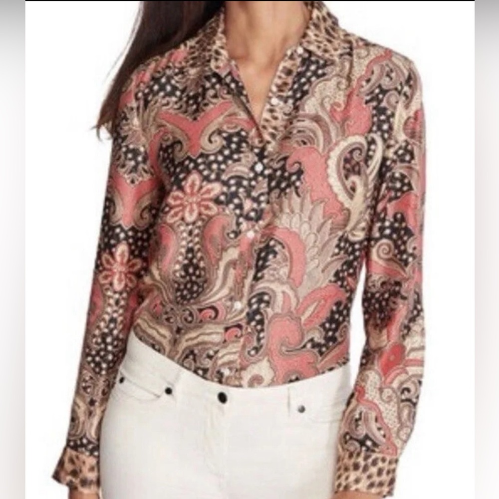 J. McLaughlin Paisley Button Down Shirt - Red and Cheetah Print - Picture 2 of 12